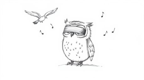 A charming hand-drawn sketch showcases a blind owl, rendered in a Pixar-esque style with gentle, rounded features, guiding bi
