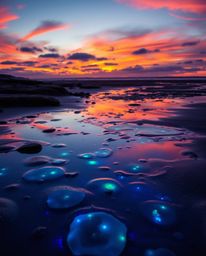 A stunning scene unfolds as warm autumn colors and glowing bioluminescent hues illuminate a sunset sky mirrored in the tidal 