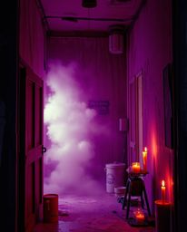 Capture the raw energy of a street scene where a room seems to explode with vibrant paint. Bathed in the warm glow of candlel