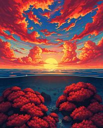 An Isekai anime style illustration captures a colorful sky over a coral reef at low tide with an expressive composition. The 