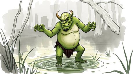 Experience a unique artistic rendering of an elegant ogre gracefully dancing within a swamp. This hand-drawn color sketchnote