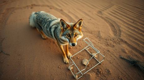 A comical high-angle perspective captures a coyote meticulously setting a ridiculous trap within a vast desert landscape. The