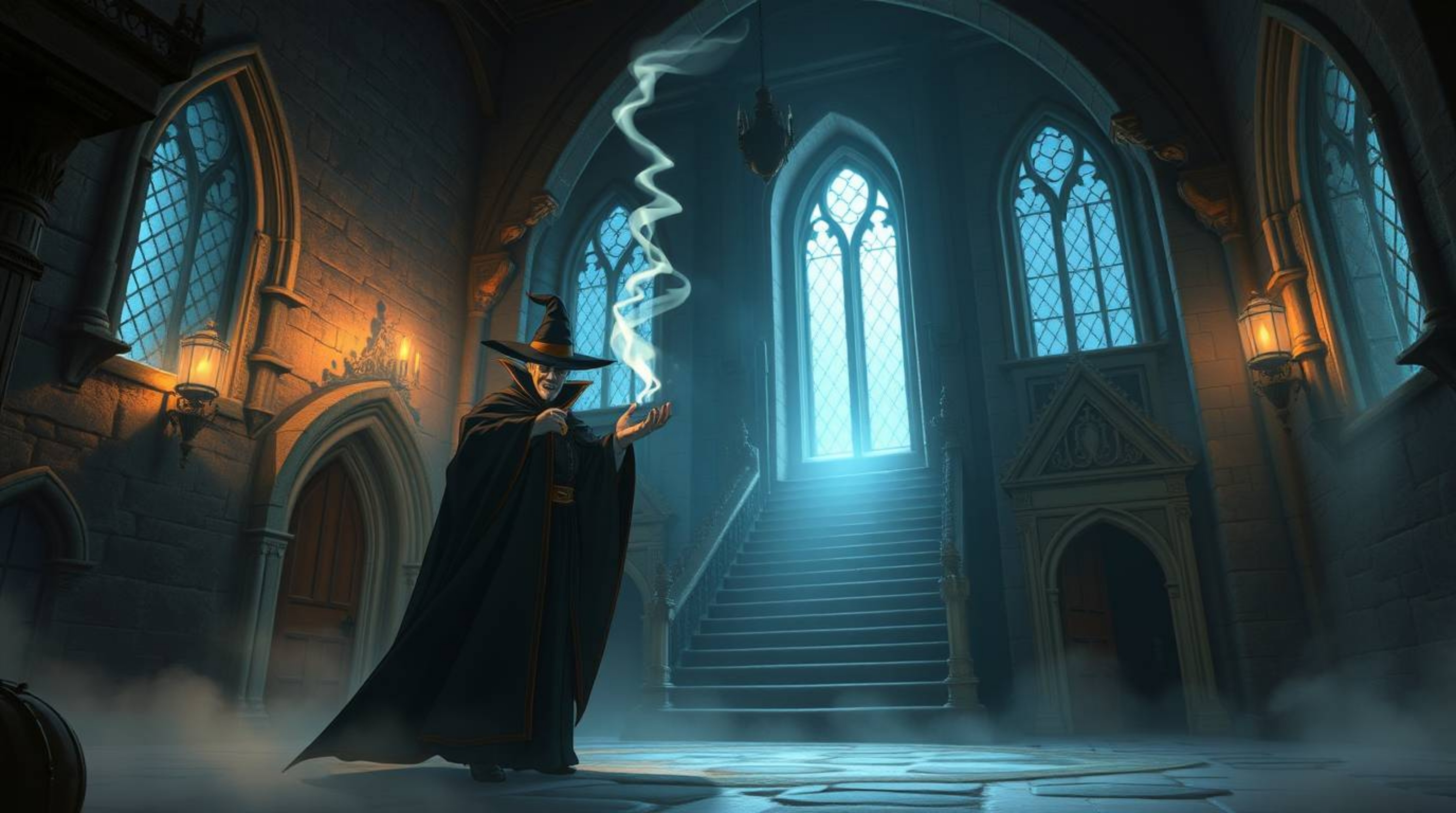 Witness a classic Disney villain transported to an isekai anime setting, casting a powerful spell within the aged walls of an