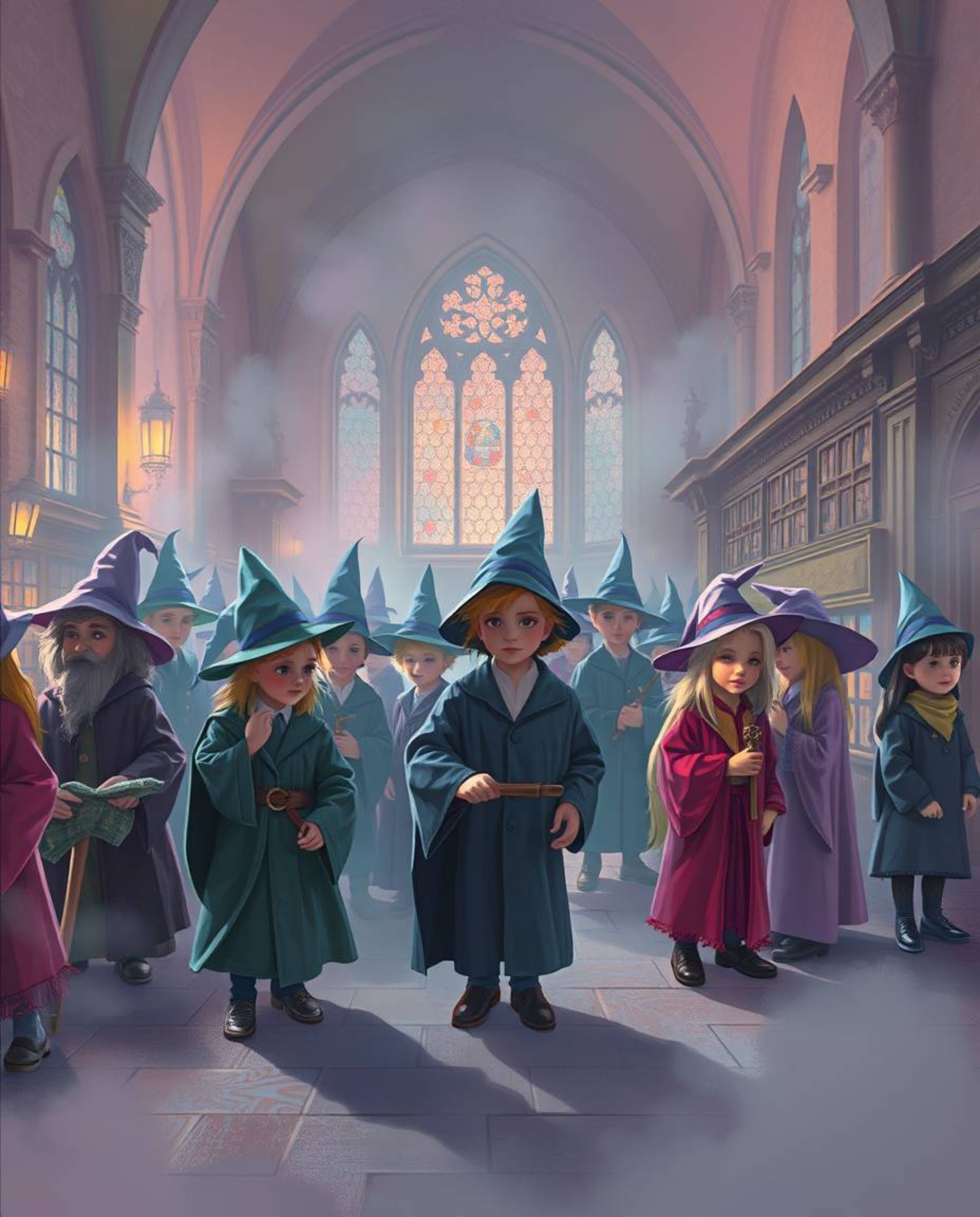 Experience the enchantment of a magical school through a soft pastel painting, depicting young wizards amidst a gentle cinema