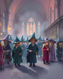 Experience the enchantment of a magical school through a soft pastel painting, depicting young wizards amidst a gentle cinema