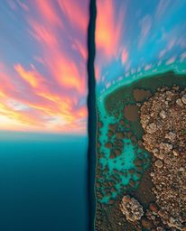 A distinct split overhead bird's-eye view captures a colorful sky over a coral reef at low tide. This piece is defined by its