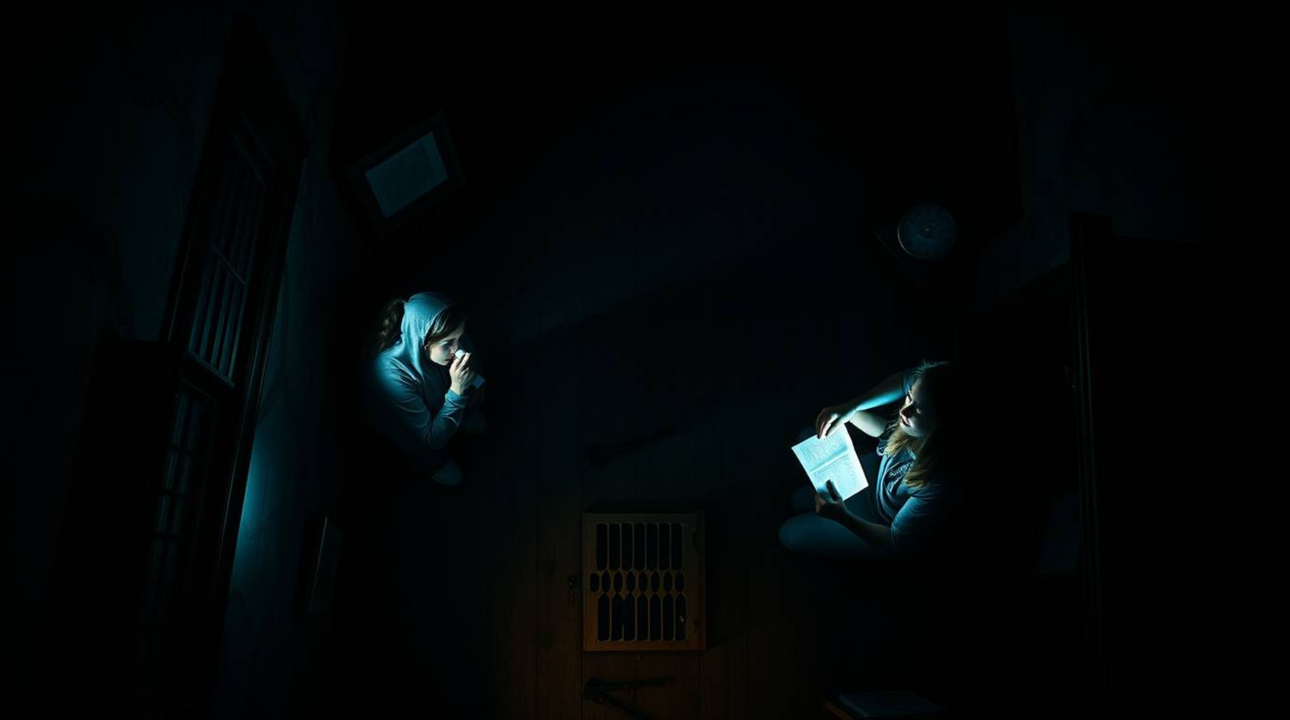 A captivating high-contrast, low-key photograph depicts a group of teenagers engrossed in solving mysteries within a haunted 