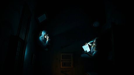 A captivating high-contrast, low-key photograph depicts a group of teenagers engrossed in solving mysteries within a haunted 