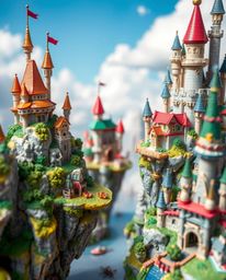 This stunning image showcases a vibrant and imaginative kingdom featuring floating islands and majestic castles. The tight cl