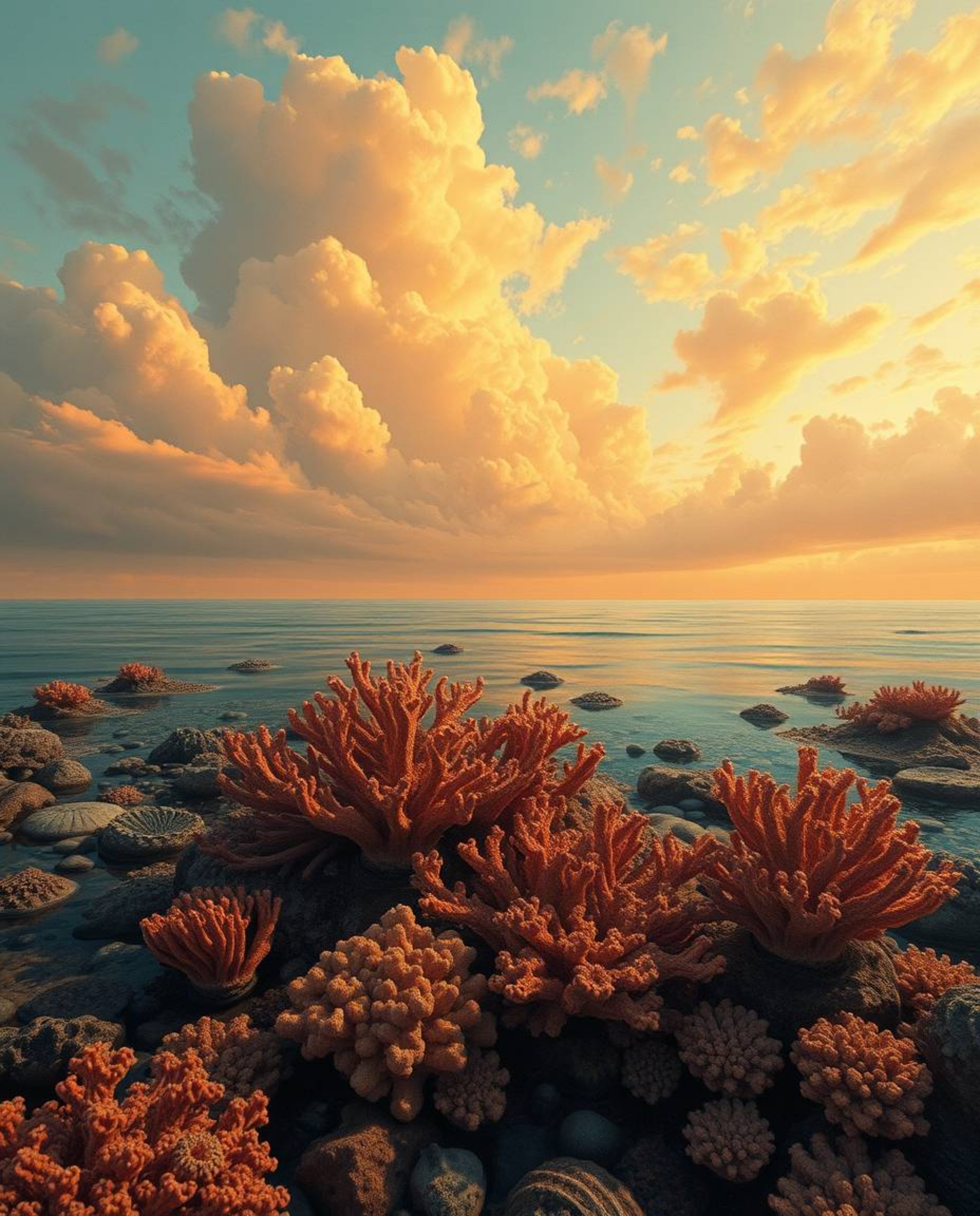 A dreamlike surreal painting depicts a warm autumnal sky over a coral reef at low tide. The artwork is characterized by its e