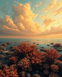 A dreamlike surreal painting depicts a warm autumnal sky over a coral reef at low tide. The artwork is characterized by its e