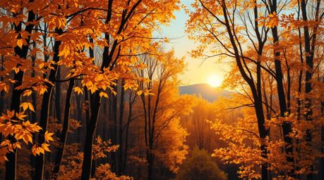 A graceful and elegant iridescent painting depicts an autumn forest bathed in the golden light of sunset.  The leaves are ill