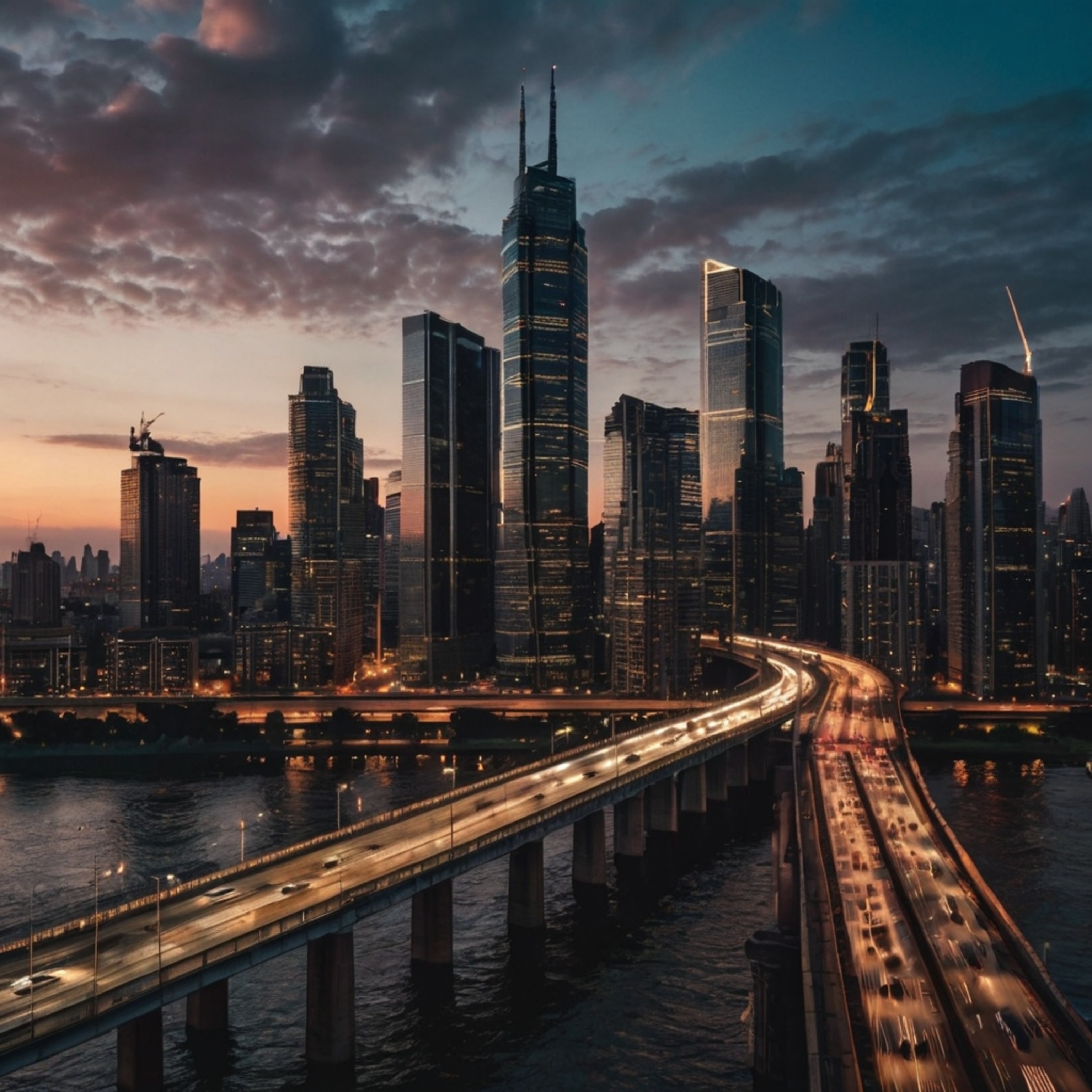 A breathtaking modern metropolis skyline at dusk presents a captivating view of illuminated skyscrapers piercing the twilight