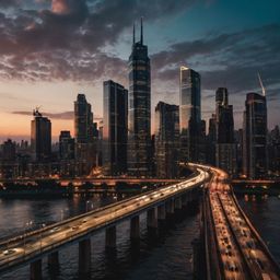 A breathtaking modern metropolis skyline at dusk presents a captivating view of illuminated skyscrapers piercing the twilight