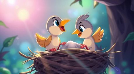 A captivating animation depicts two cartoon birds constructing a nest in a classic style.  The scene is vibrant with bright l