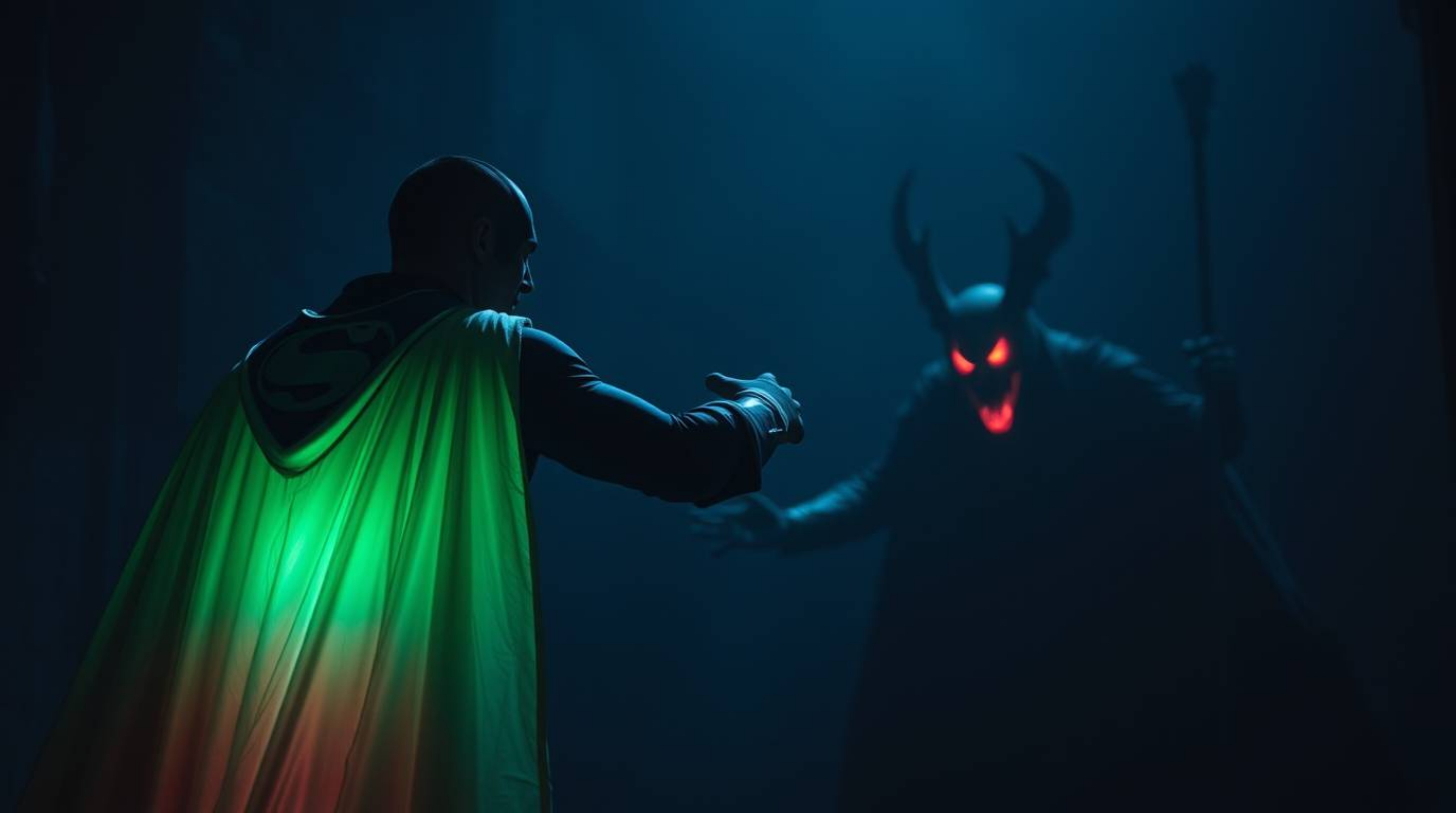 A superhero, their cape faintly glowing with bioluminescent light, confronts a silly villain in a dark and unsettling environ