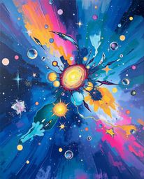 A vibrant acrylic painting depicting colliding galaxies, showcasing textured brushstrokes and a soft background. This artwork