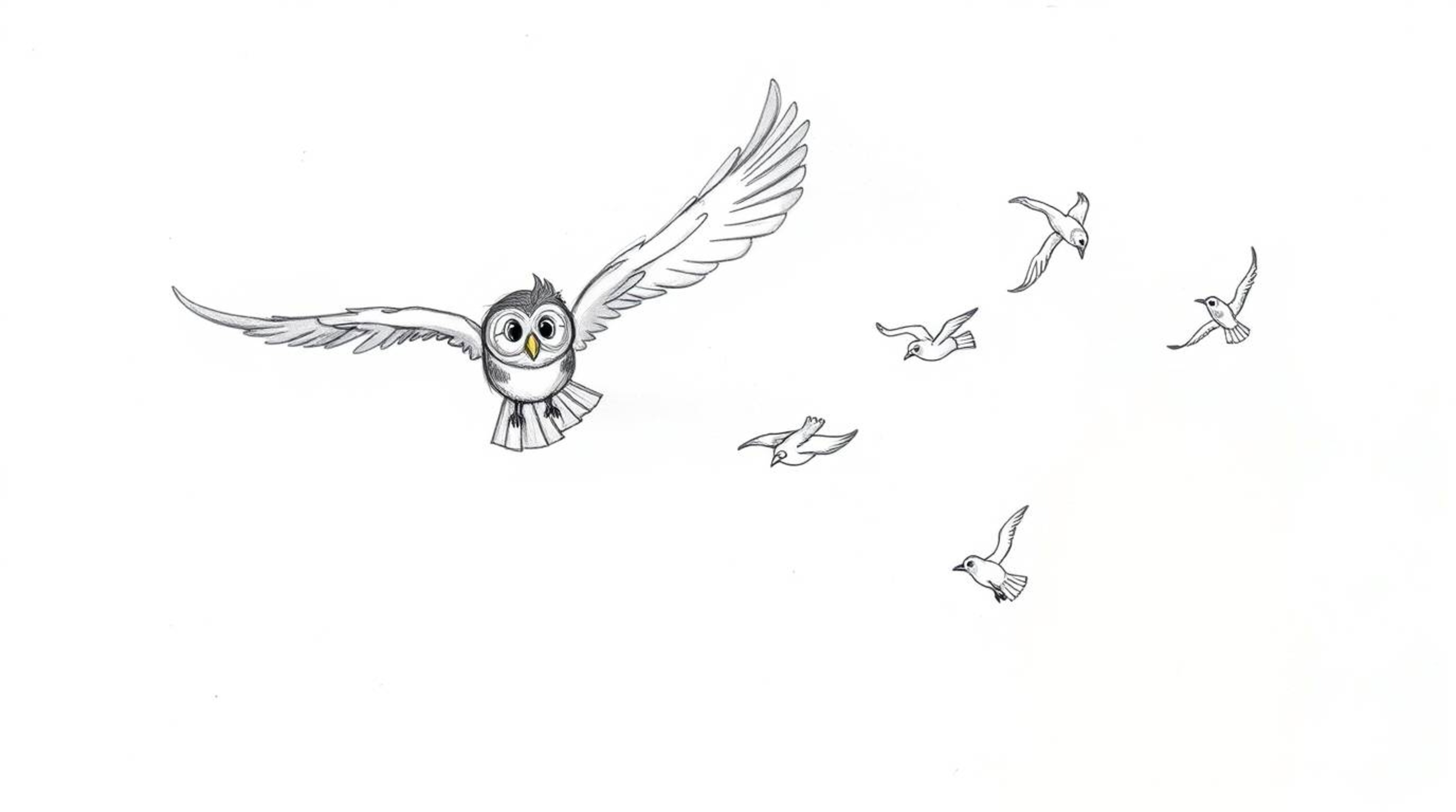 A heartwarming Pixar-style sketch portrays a blind owl in mid-flight, guiding a group of birds as they learn to fly. The roug