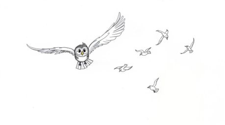 A heartwarming Pixar-style sketch portrays a blind owl in mid-flight, guiding a group of birds as they learn to fly. The roug