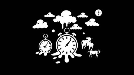 This classic black and white logo design presents a surreal dreamscape featuring melting clocks and floating cows. The design