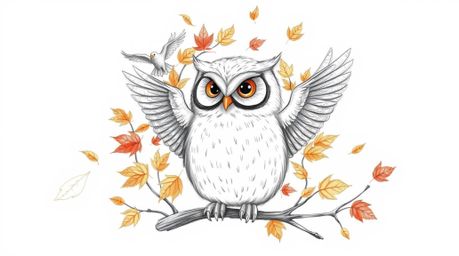A Pixar-inspired, hand-drawn sketch featuring a blind owl with soft, detailed feathers, passionately teaching birds how to fl