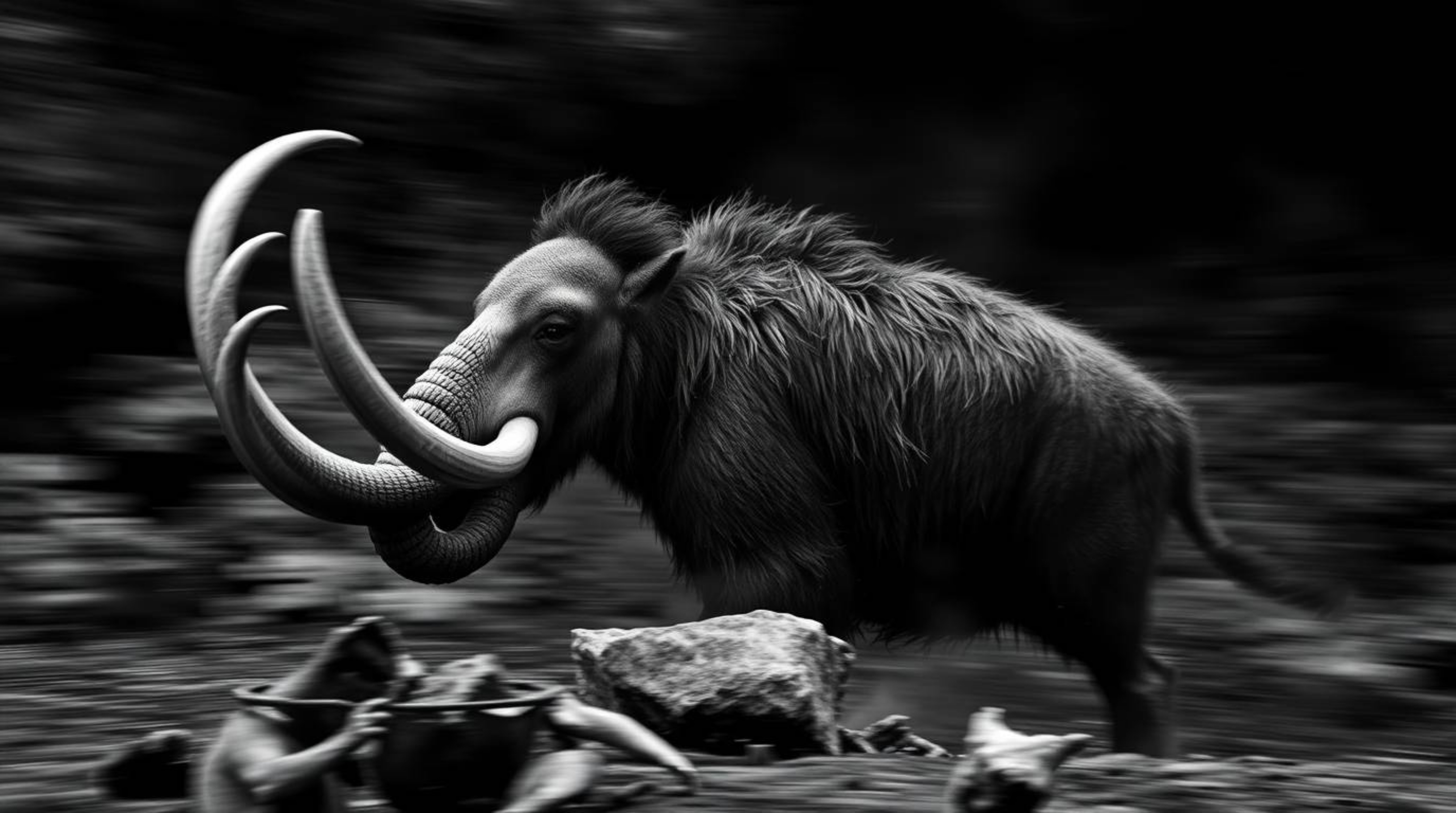 A captivating black and white photograph capturing the dynamic motion of a caveman skillfully cooking mammoth meat. The image