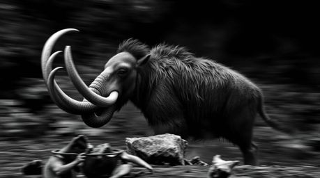 A captivating black and white photograph capturing the dynamic motion of a caveman skillfully cooking mammoth meat. The image