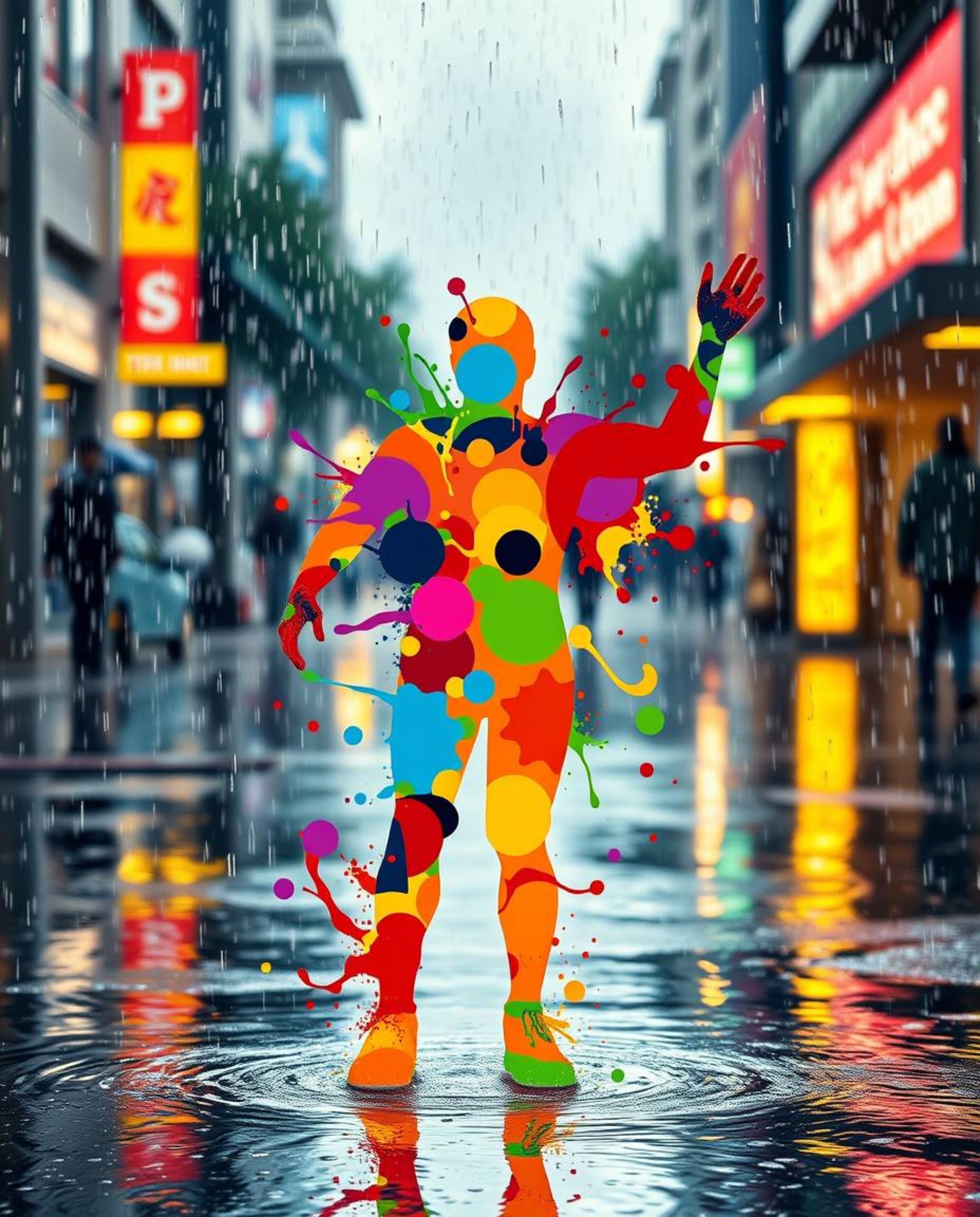 This artwork features a dynamic human silhouette formed from vibrant, colorful splash patterns, rendered in a modern art styl