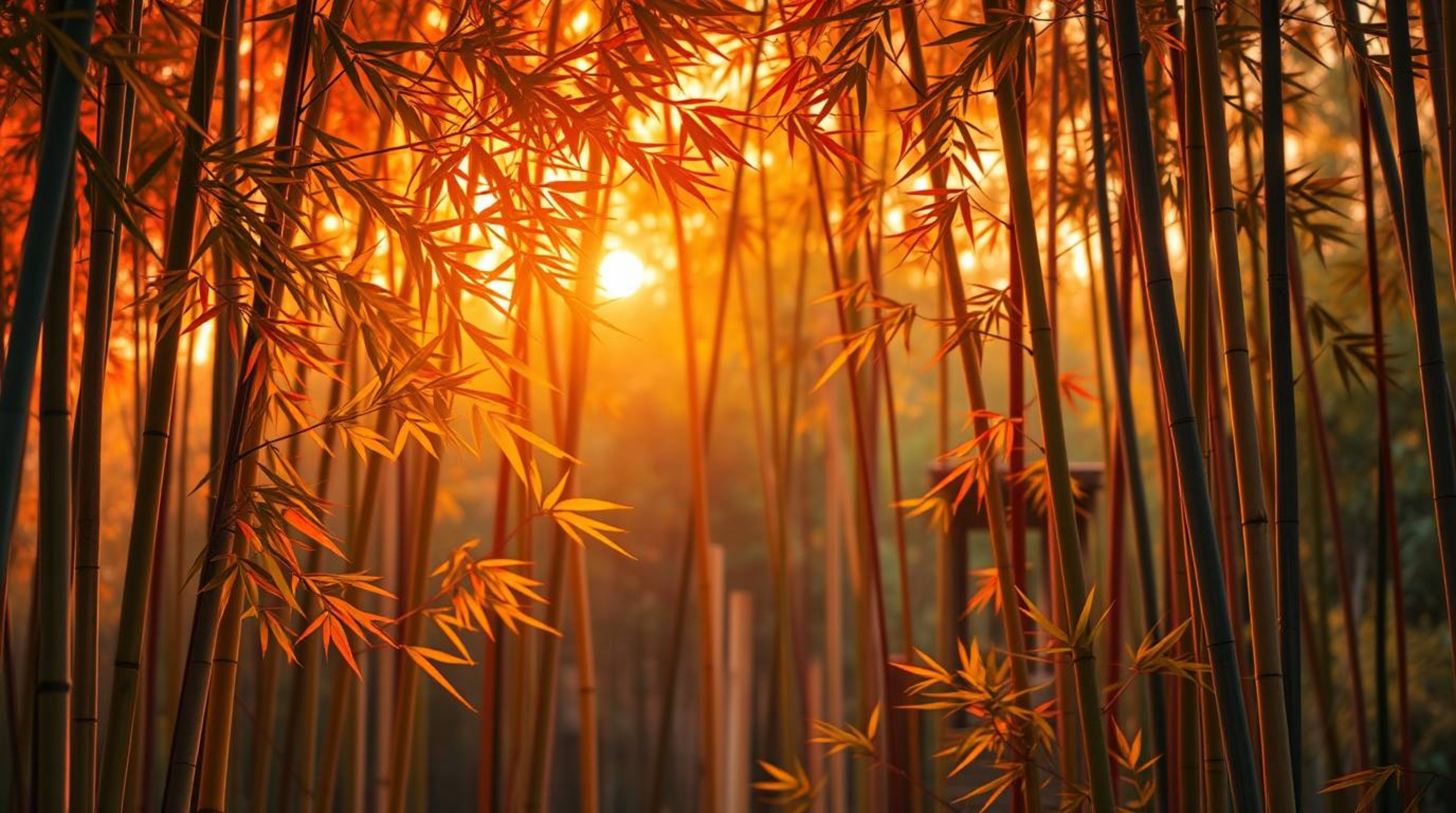 Immerse yourself in the serene beauty of a bamboo forest bathed in the warm, golden hues of a sunset. Adorable and charming f