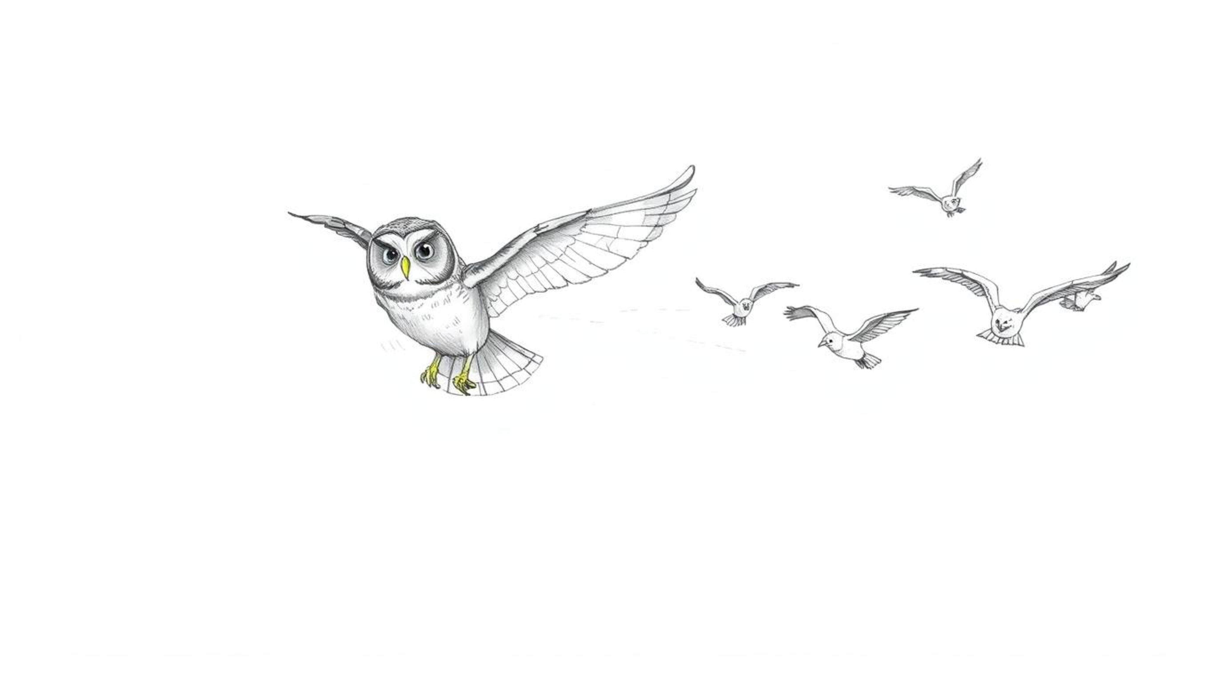 A captivating hand-drawn sketch in the style of Pixar, showcasing a blind owl in mid-flight, gracefully guiding a flock of bi