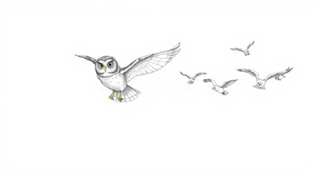 A captivating hand-drawn sketch in the style of Pixar, showcasing a blind owl in mid-flight, gracefully guiding a flock of bi