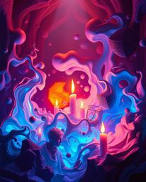 Experience dreamlike surreal imagery bathed in the warm glow of candlelight, where colorful 3D fluid shapes gracefully intera