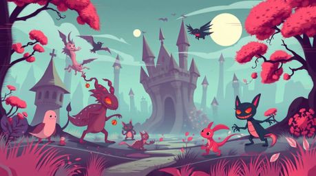 Explore a vibrant fantasy kingdom populated by quirky magical creatures, brought to life with a modern flat design aesthetic.