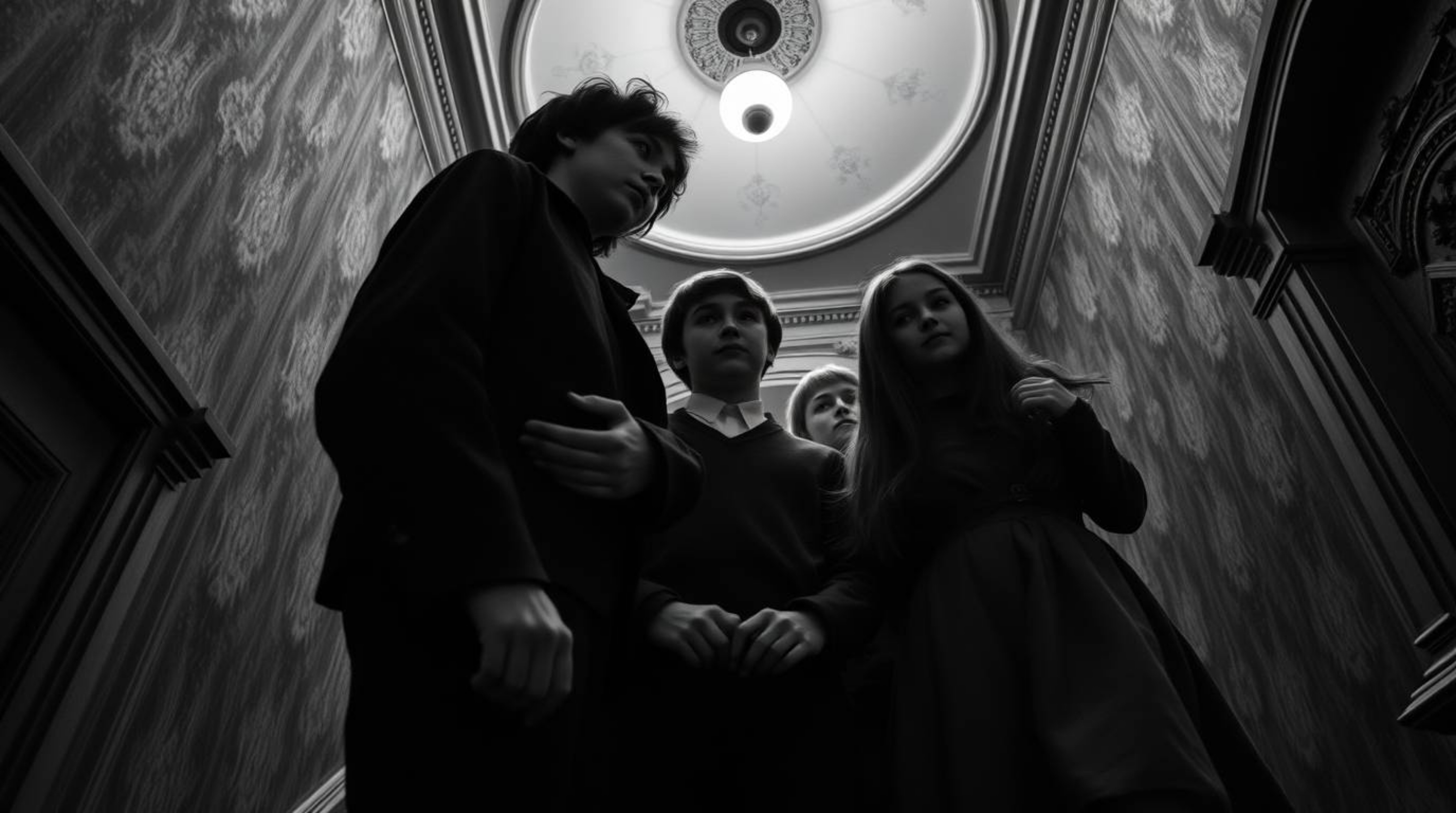 Explore a timeless mystery with a group of teens in a classic black and white, low-angle photograph. Set within a haunted man