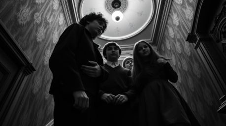 Explore a timeless mystery with a group of teens in a classic black and white, low-angle photograph. Set within a haunted man