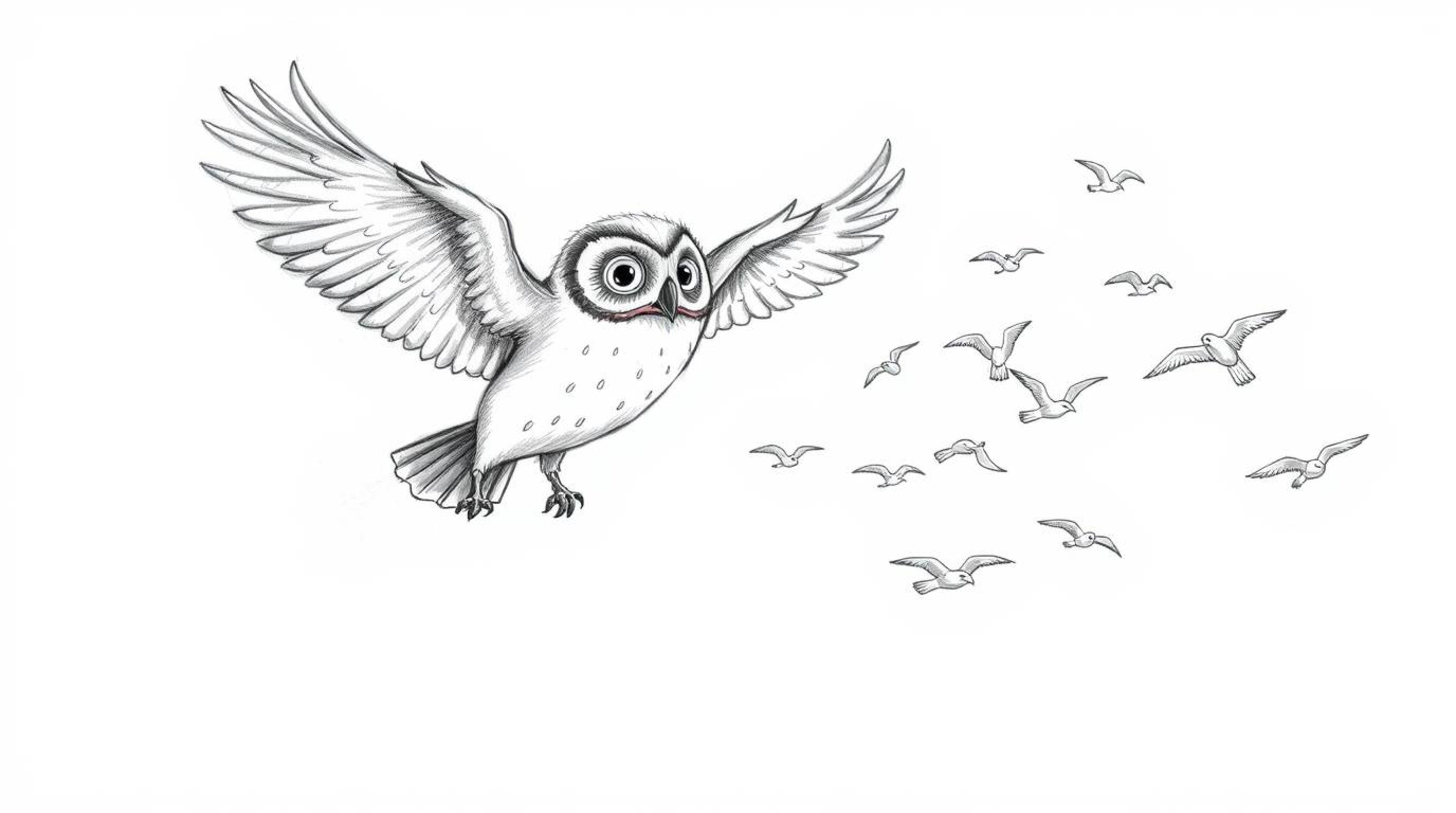 A captivating hand-drawn sketch in the style of Pixar depicts a blind owl in mid-flight, inspiring and guiding a flock of bir