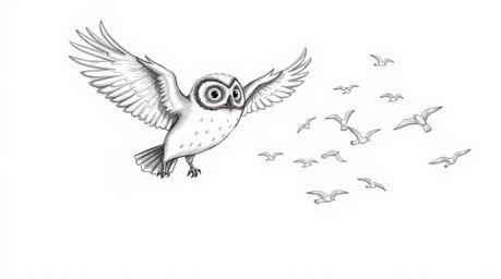 A captivating hand-drawn sketch in the style of Pixar depicts a blind owl in mid-flight, inspiring and guiding a flock of bir