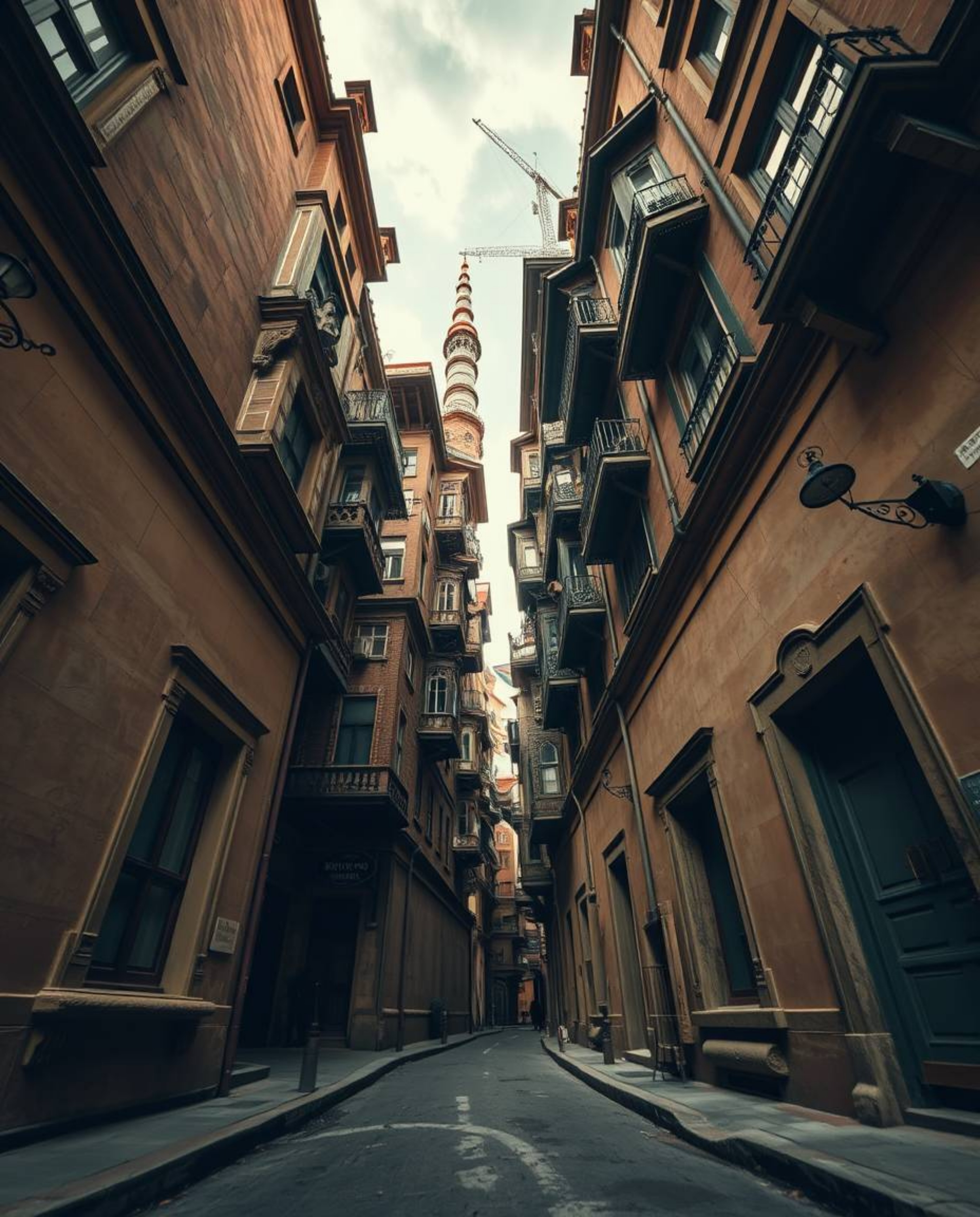 A captivating low-angle shot reveals a dreamlike, surreal street scene featuring impossibly folding and twisting buildings.