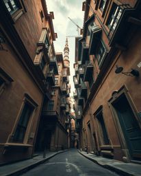 A captivating low-angle shot reveals a dreamlike, surreal street scene featuring impossibly folding and twisting buildings.  