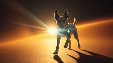 A captivating professional photograph depicts a futuristic dog confidently walking itself through the vast expanse of space. 