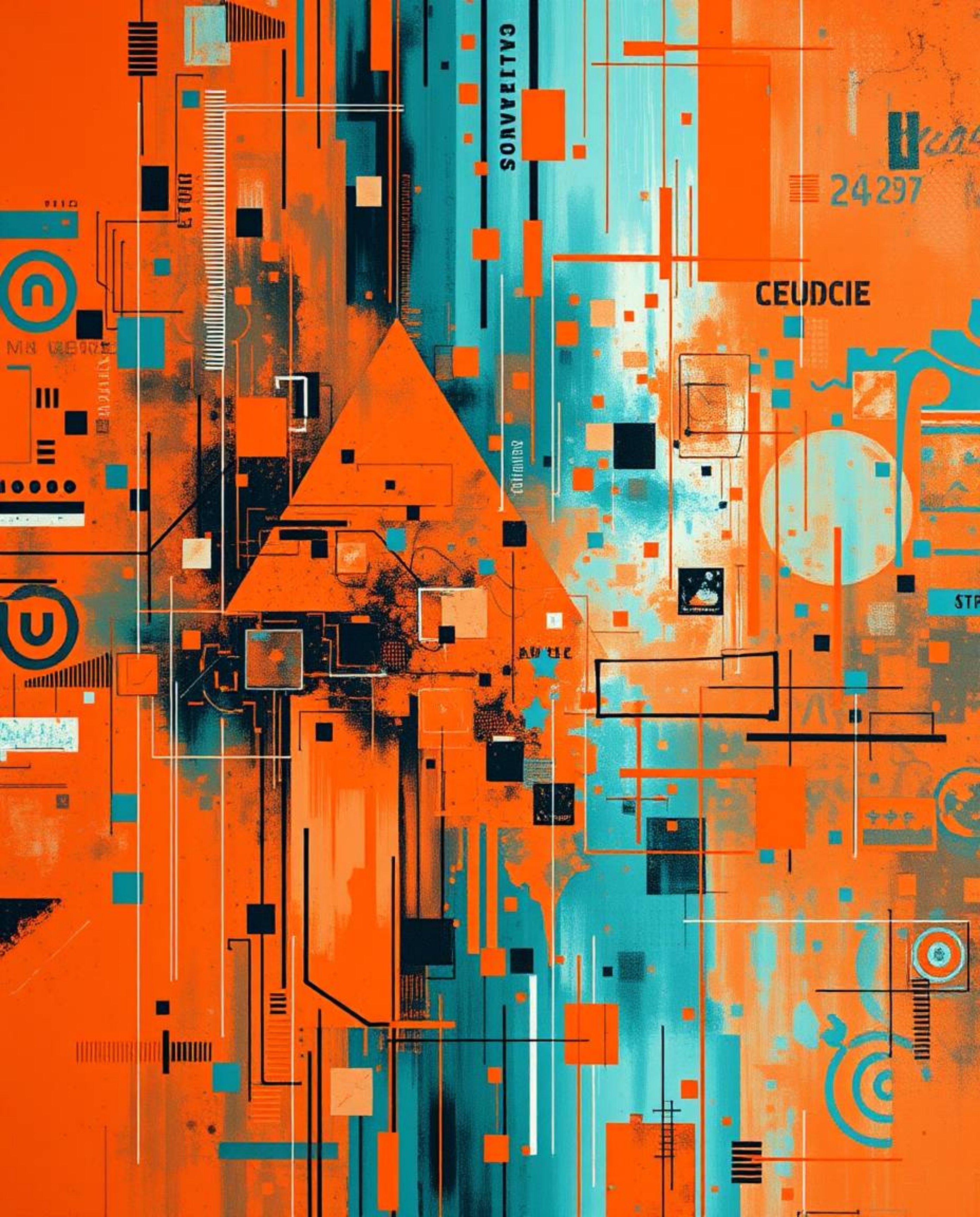 Explore a captivating acrylic painting that blends warm terracotta hues with cool teal tones, depicting glitched geometric sh