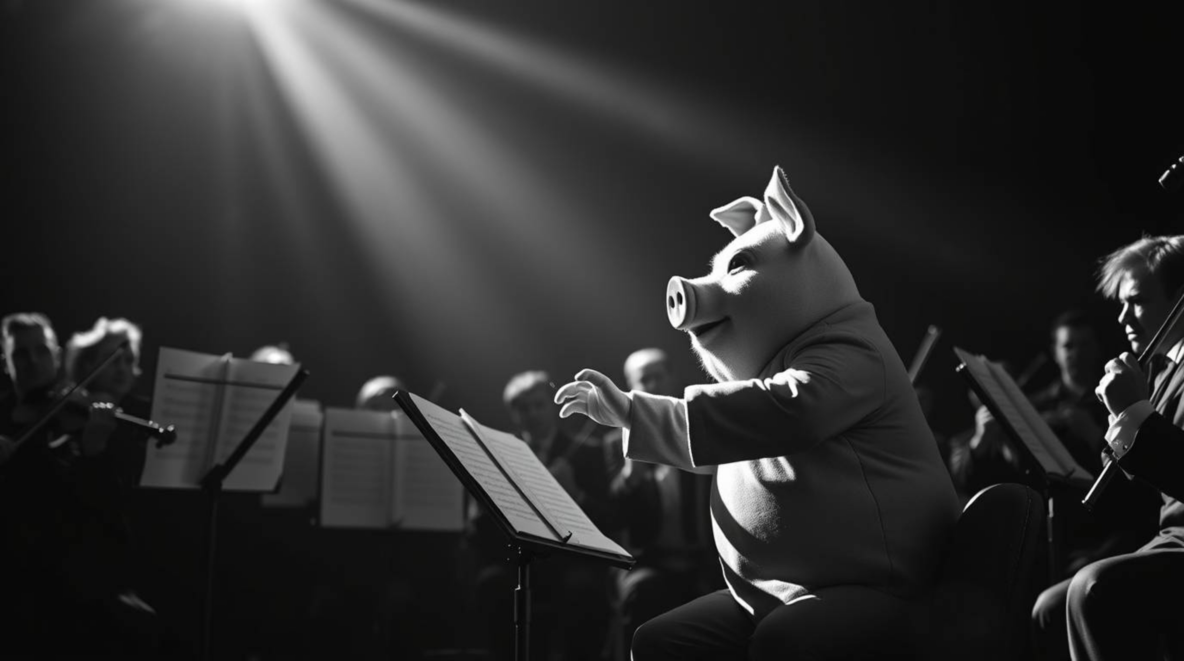 A timeless and elegant black and white long exposure photograph depicting a pig character conducting an orchestra. The harsh 