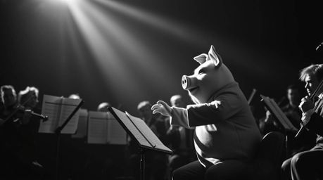 A timeless and elegant black and white long exposure photograph depicting a pig character conducting an orchestra. The harsh 