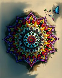 An overhead shot reveals a stunning geometric floral mandala, bursting with vibrant colors and a perfectly symmetrical design