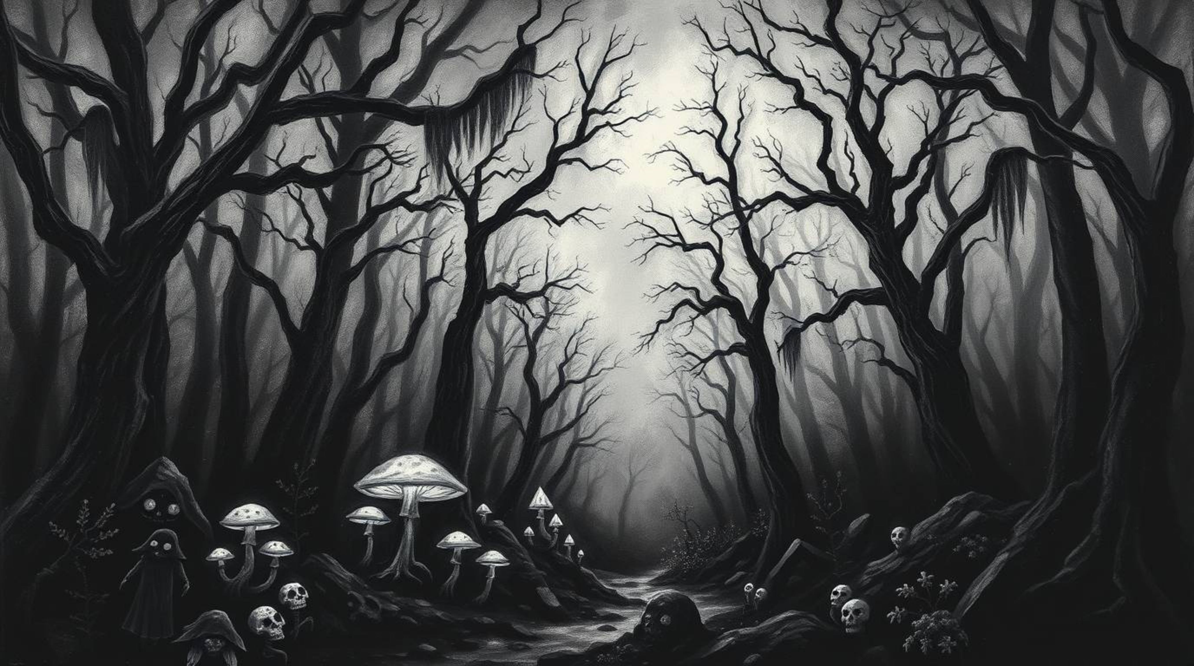 Discover a captivating eerie acrylic painting depicting a vintage-style enchanted forest.  Glowing mushrooms illuminate the s