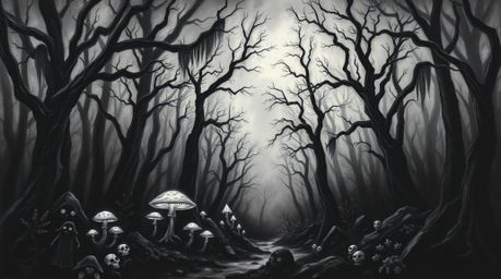 Discover a captivating eerie acrylic painting depicting a vintage-style enchanted forest. Glowing mushrooms illuminate the s