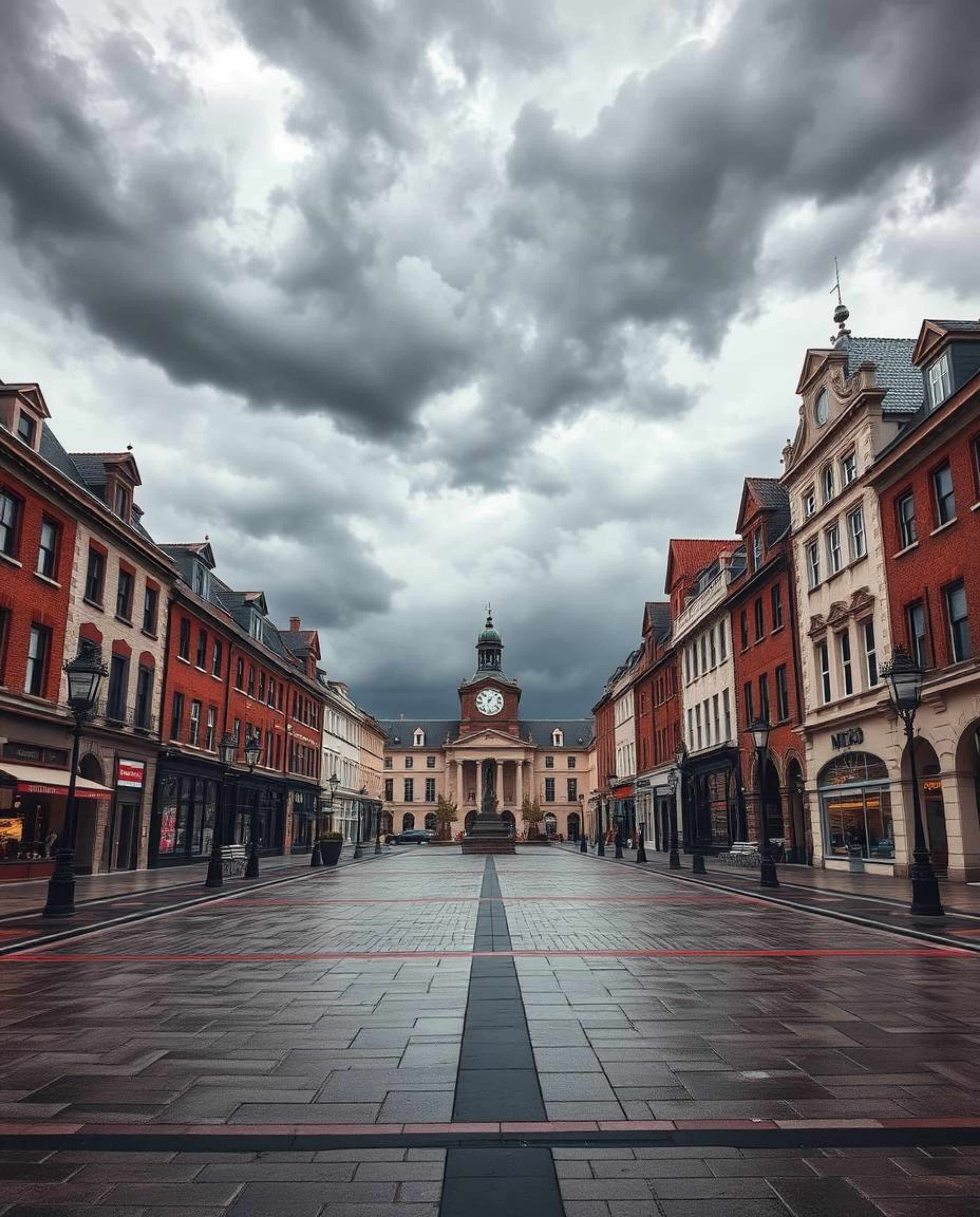 A captivating high-resolution stock photo depicts an empty town square under a dramatic, stormy sky.  The image features a di