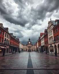 A captivating high-resolution stock photo depicts an empty town square under a dramatic, stormy sky.  The image features a di