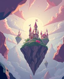 A vibrant, modern flat design illustration depicts a whimsical kingdom with floating islands and majestic castles.  The two-d
