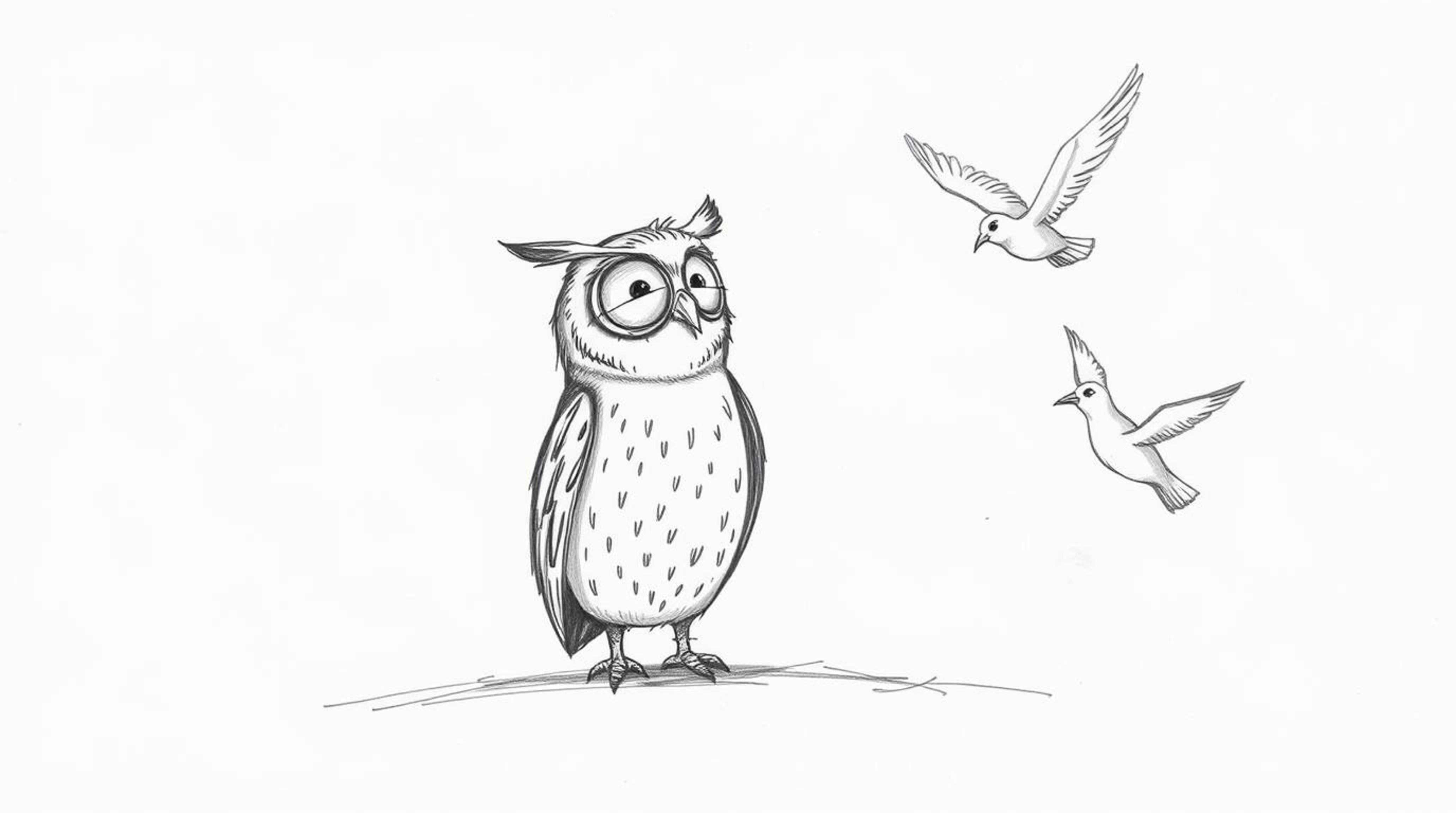 A Pixar-esque, hand-drawn sketch depicts a blind owl patiently guiding birds in flight. Rendered with textured pencil strokes